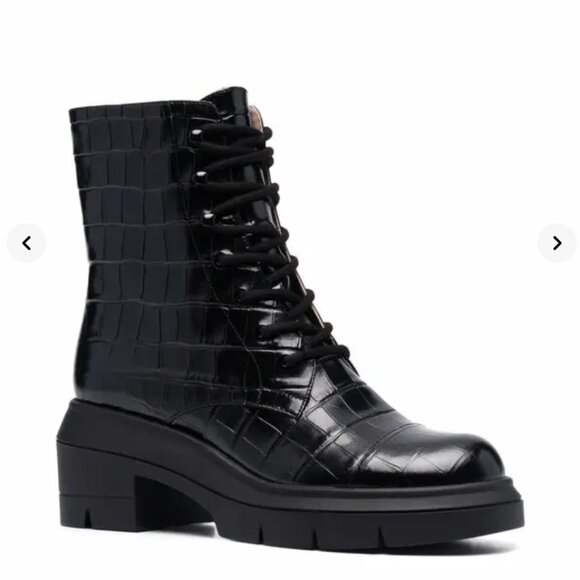 STUART WEITZMAN Nisha Black Croc-Embossed Leather Ankle Boots, Size 7 (EU 37.5) - Picture 1 of 16